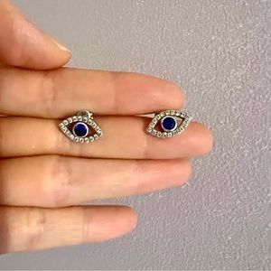 Solid 925 Silver Created Sapphire and Swarovski Crystals Evil Eye Studs